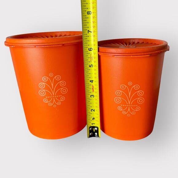 Vintage Tupperware Set of 2 Servalier Cannisters Orange 811-6 809-5 MCM Made USA - Picture 2 of 11